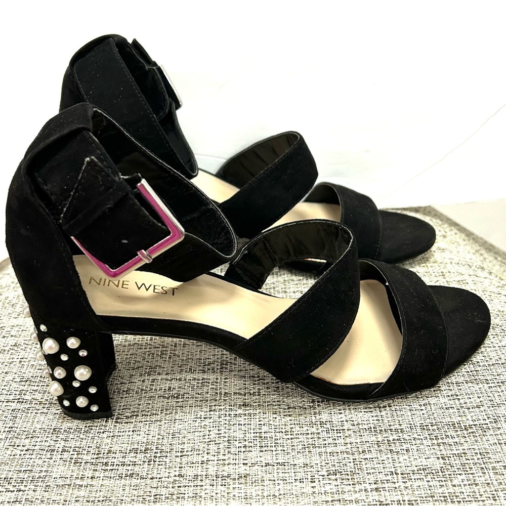 Nine West Black Suede Pearl Embellished Heels